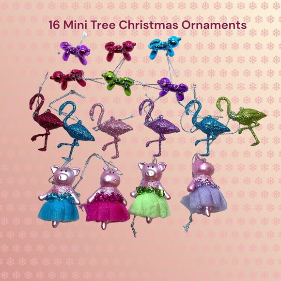 16 Multicolor Balloon Animal Cat Flamingos Hippo/Pig Mini Tree Ornaments - Picture 3 of 3